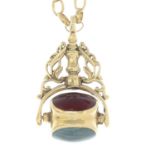 A 9ct gold hardstone swivel fob pendant, with 9ct gold belcher-link chain.Hallmarks for 9ct gold.