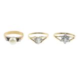 Four 9ct gold gem-set rings, hallmarks for 9ct gold, ring sizes O1/2 to Q1/2, 6.1gms.