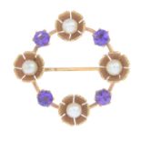 An early 20th century 9ct gold amethyst and cultured pearl wreath brooch.Stamped 9CT.