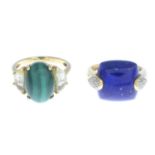 9ct gold malachite and green gem three-stone ring, hallmarks for 9ct gold, ring size N, 4.3gms.