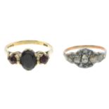 9ct gold garnet three-stone ring, hallmarks for 9ct gold, ring size N, 2.8gms.