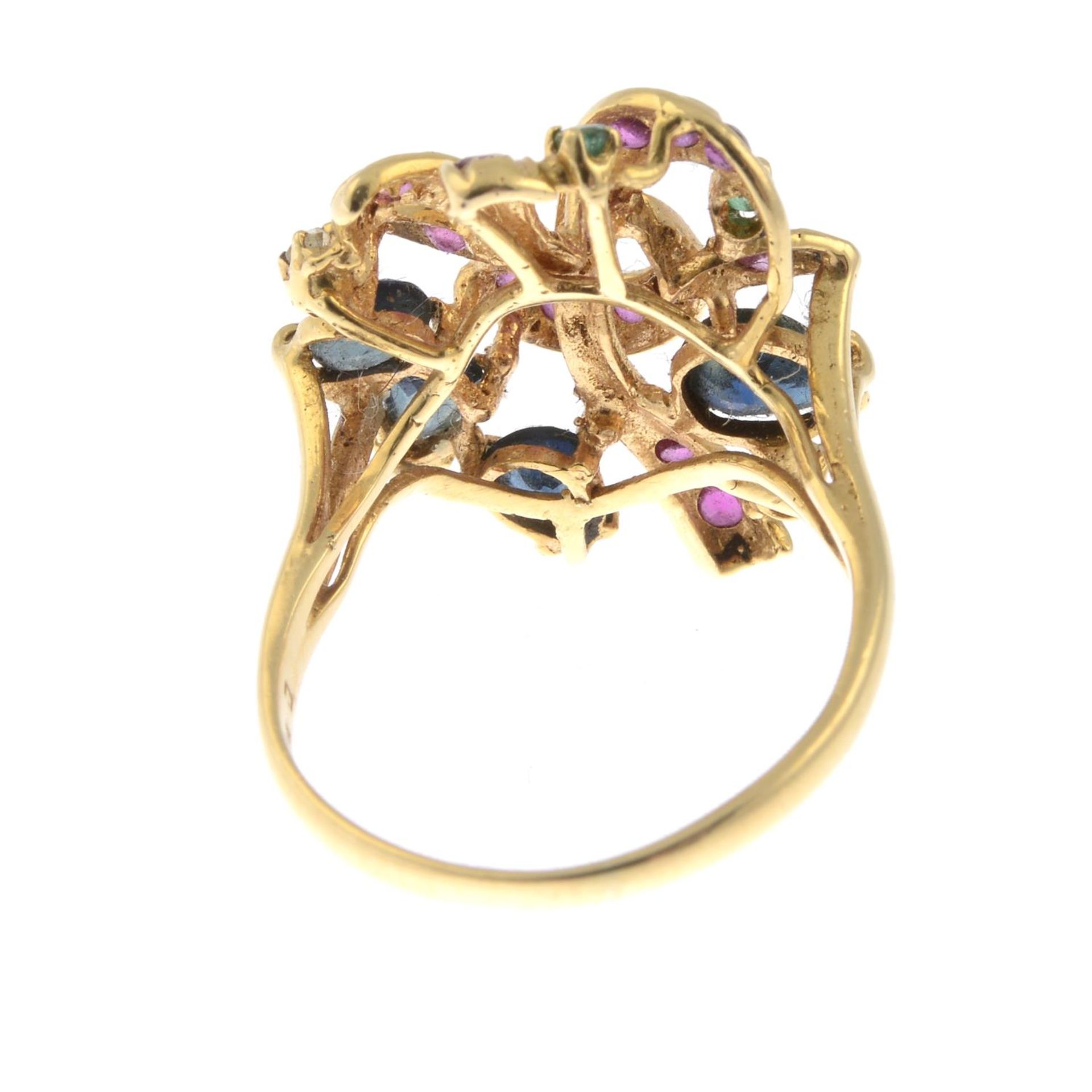 A ruby, sapphire, emerald and single-cut diamond floral ring.Stamped 750.Ring size M. - Bild 2 aus 3