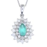 A platinum emerald and diamond cluster pendant,