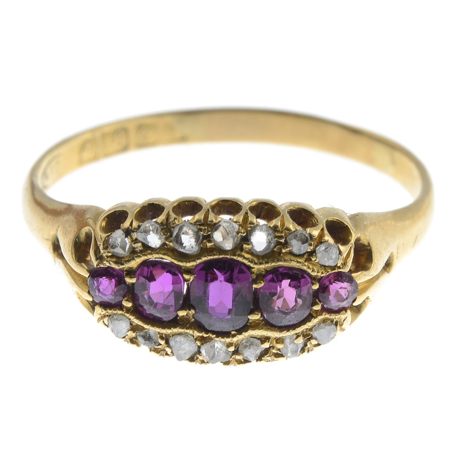 An early 20th century 18ct gold ruby and diamond ring.Hallmarks for Birmingham.Ring size U1/2.