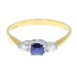 An 18ct gold sapphire and diamond three-stone ring.Estimated total diamond weight 0.10ct.