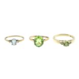 Four 9ct gold gem-set rings, hallmarks for 9ct gold, ring sizes N to P1/2, 9.2gms.