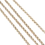 An early 20th century 9ct gold longuard chain.Stamped 9c.Length 141cms.