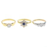 18ct gold sapphire and diamond cluster ring, hallmarks for 18ct gold, ring size M1/2, 3.4gms.