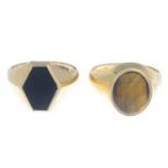 Two 9ct gold tiger's-eye and onyx signet rings.Hallmarks for 9ct gold.