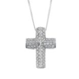 A brilliant-cut diamond cross pendant, with 9ct gold chain.