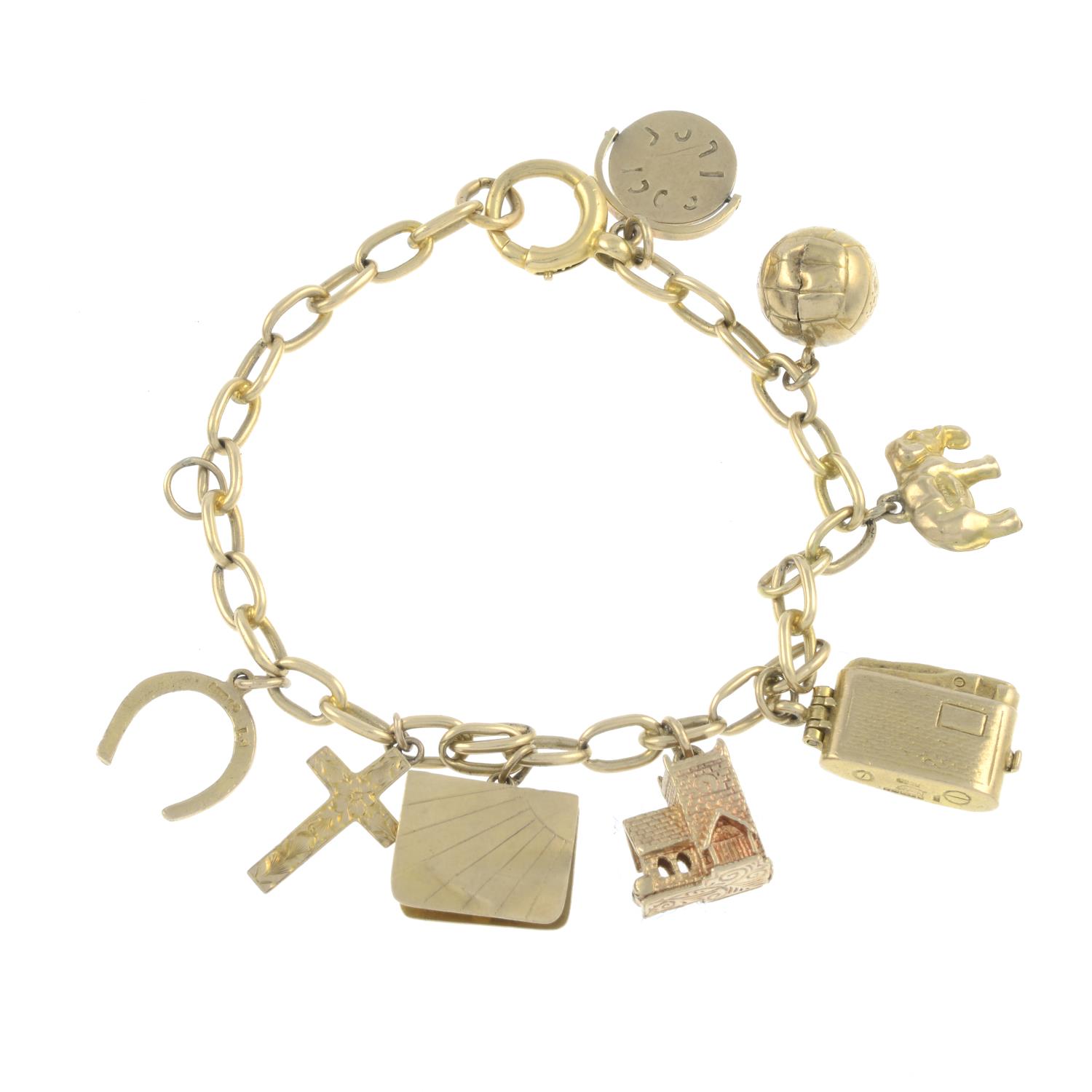 An 18ct gold bracelet, suspending eight 9ct gold charms.Bracelet with hallmarks for 18ct gold.