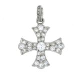 An early 20th century rose and old-cut diamond cross pendant.Estimated total diamond weight