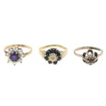 9ct gold amethyst and split pearl cluster ring, hallmarks for 9ct gold, ring size M, 2.8gms.