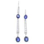 Two similarly designed sapphire and diamond drop single earrings.One diamond deficient.Estimated