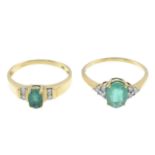 Two 18ct gold emerald and diamond rings.Estimated total diamond weight 0.25ct.