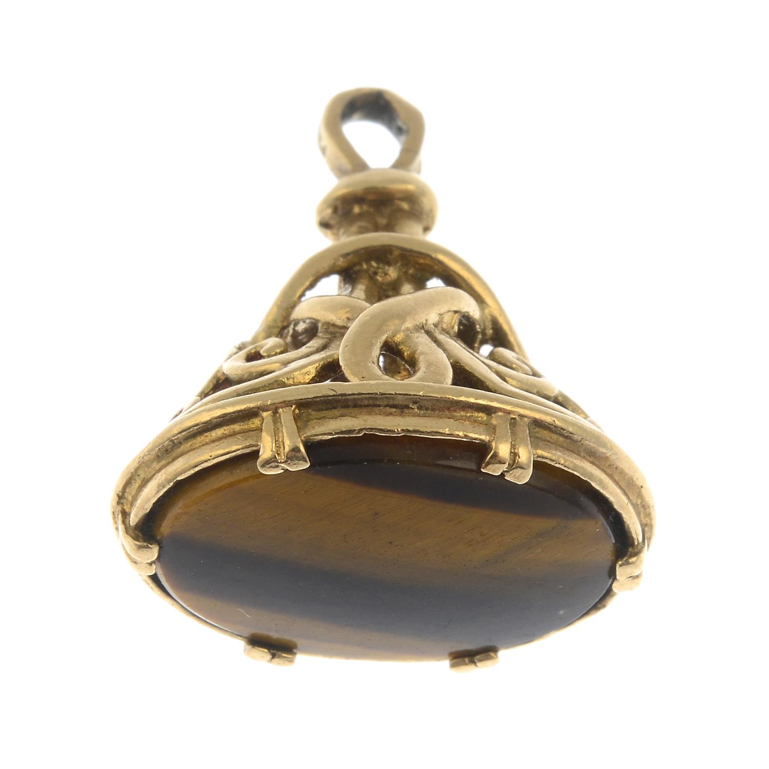 A 9ct gold tiger's-eye fob.Hallmarks for 9ct gold.