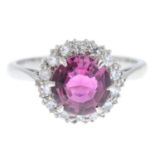 A pink tourmaline and diamond cluster ring.Tourmaline calculated weight 1.50cts,