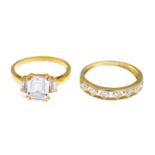 18ct gold cubic zirconia three-stone ring, hallmarks for 18ct gold, ring size P, 4.7gms.