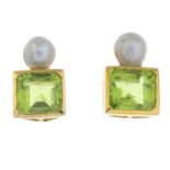 A pair of peridot and cultured pearl earrings.Length 1.4cms.