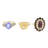 Six gem-set rings.Three with hallmarks for 9ct gold.Ring sizes L to P1/2.