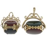 Two 9ct gold hardstone swivel fobs.