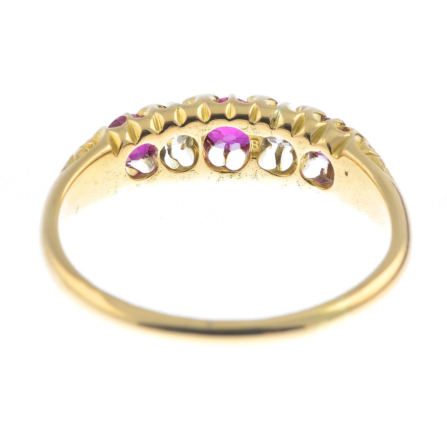 An Edwardian 18ct gold ruby and diamond five-stone ring.Estimated total diamond weight 0.10ct. - Image 2 of 2