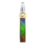 An ammolite and brilliant-cut diamond pendant.Stamped 18K.Length 4.7cms.