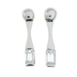 A pair of platinum rectangular-shape diamond drop earrings.Estimated total diamond weight 0.35ct,