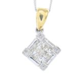 A square-shape and brilliant-cut diamond cluster pendant,