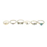 9ct gold cultured pearl and emerald three-stone ring, hallmarks for 9ct gold, ring size N, 2.3gms.