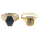 Two 9ct gold tiger's-eye and onyx signet rings.Hallmarks for 9ct gold.