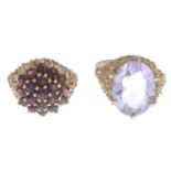 9ct gold amethyst cluster ring, hallmarks for 9ct gold, ring size K, 6gms.