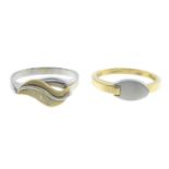 Two bi-colour rings.One stamped 585, ring size P, 2.8gms.