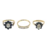 Two 9ct gold diamond and sapphire rings, hallmarks for 9ct gold, ring sizes L and L1/2, 6gms.