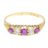 An Edwardian 18ct gold ruby and diamond five-stone ring.Estimated total diamond weight 0.10ct.