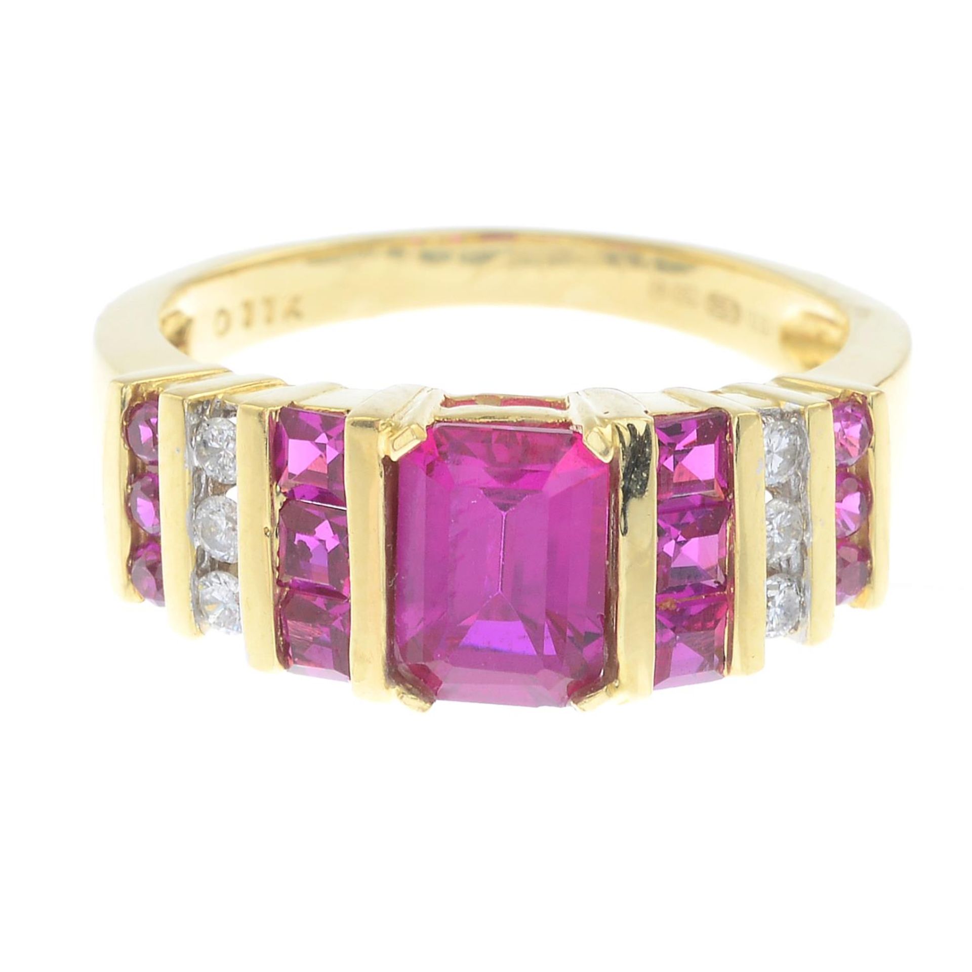 An 18ct gold synthetic ruby and brilliant-cut diamond dress ring.Estimated total diamond weight