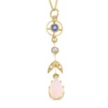 An 18ct gold opal, diamond and sapphire drop pendant, with 18ct gold chain.