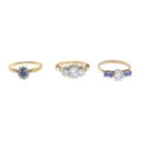 Six 9ct gold gem-set rings.