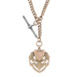 An early 20th century 9ct gold Albert, with silver T-bar and 9ct gold medallion fob.