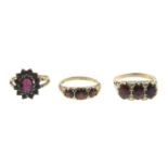 9ct gold garnet three-stone ring, hallmarks for 9ct gold, ring size M, 2.5gms.