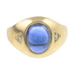 A synthetic sapphire single-stone ring.Stamped 14K.