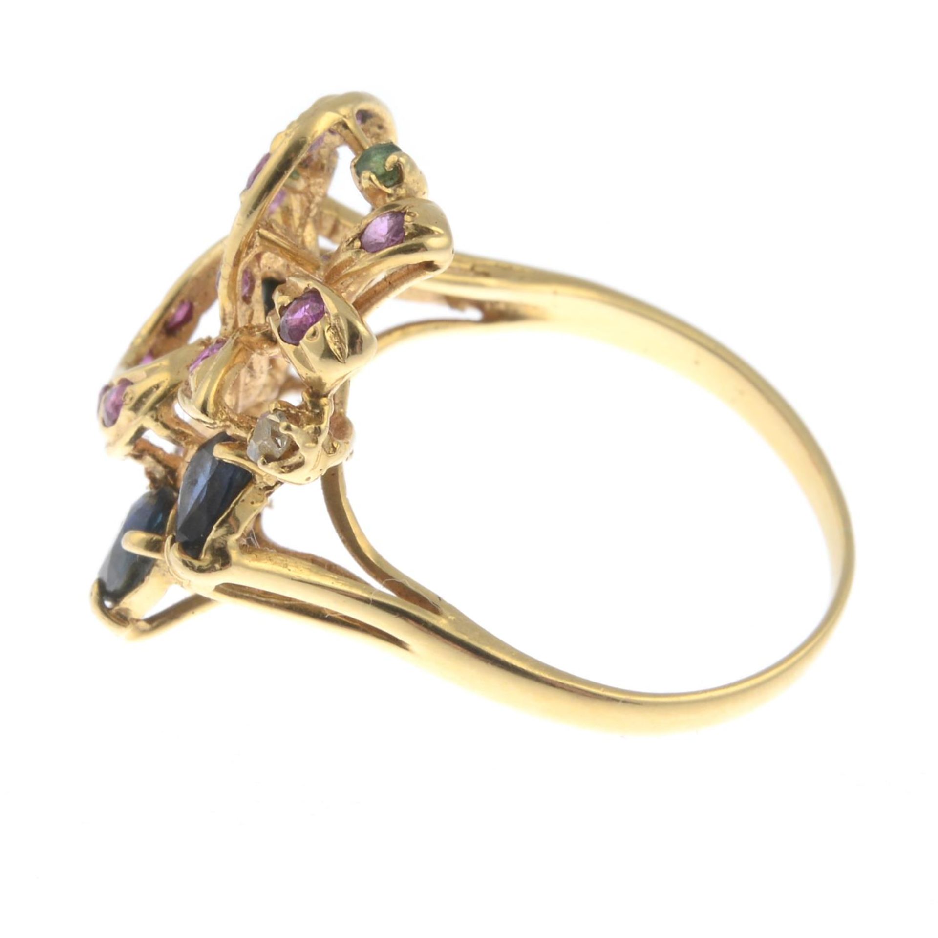A ruby, sapphire, emerald and single-cut diamond floral ring.Stamped 750.Ring size M. - Bild 3 aus 3