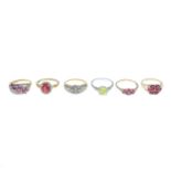 Five 9ct gold gem-set rings, hallmarks for 9ct gold, ring sizes N to O, 12.2gms.