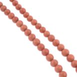 A coral single-strand necklace.Coral beads measuring 10.2 to 7.9mms.