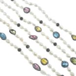 Three freshwater cultured pearl paste and dyed crackle quartz single-strand necklaces,