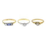 Sapphire and diamond three-stone ring,