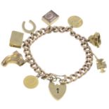 A bracelet, suspending nine 9ct gold charms and padlock.Charms and padlock with hallmarks for 9ct
