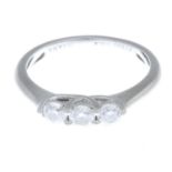 A platinum diamond three-stone ring.Estimated total diamond weight 0.50ct, I-J colour, P1 clarity.
