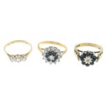 Three 9ct gold cubic zirconia rings, hallmarks for 9ct gold, ring sizes L1/2 to N, 5.4gms.