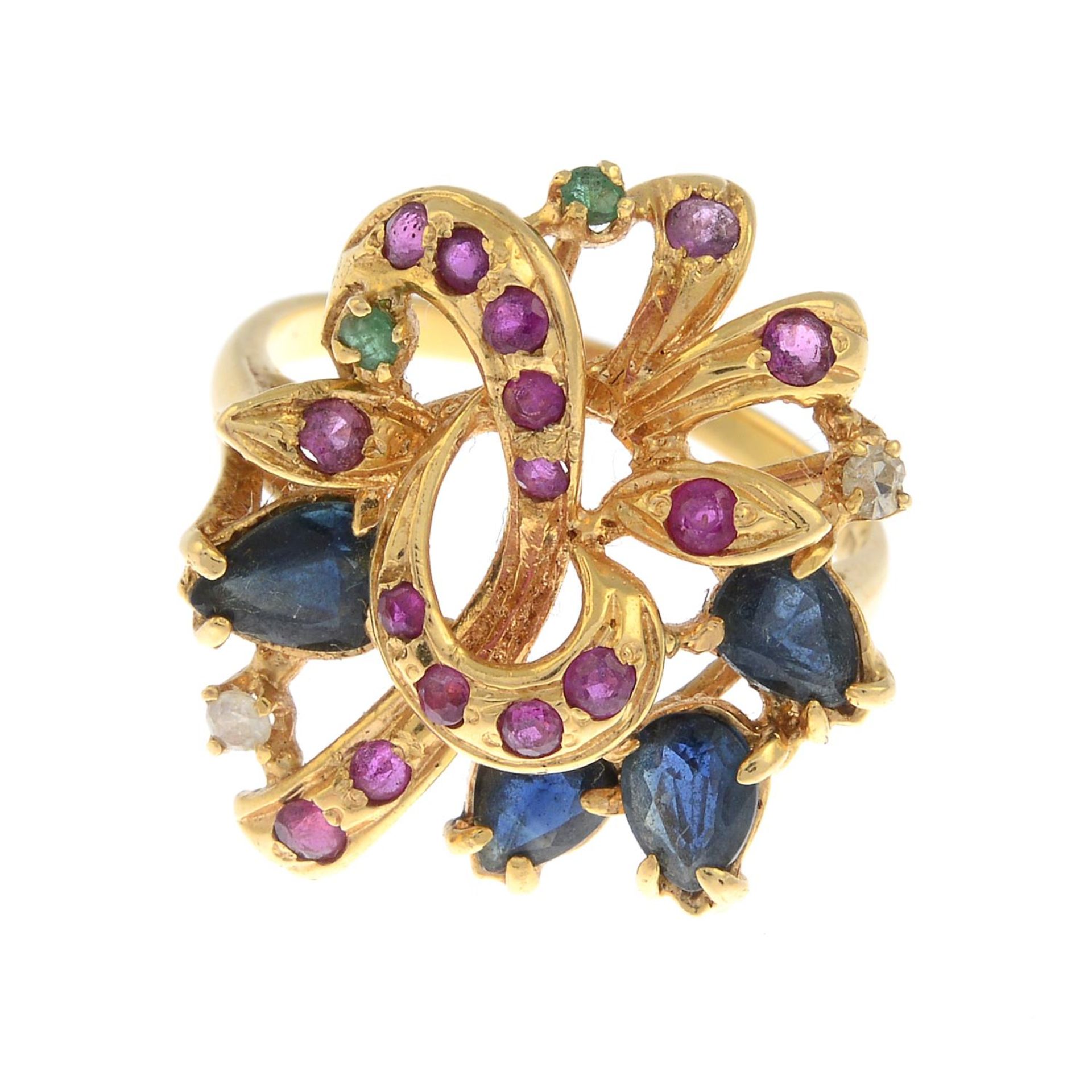 A ruby, sapphire, emerald and single-cut diamond floral ring.Stamped 750.Ring size M.